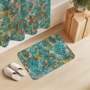 Grunge Damask Aqua Viridian Mustard Terracotta Bath Mat