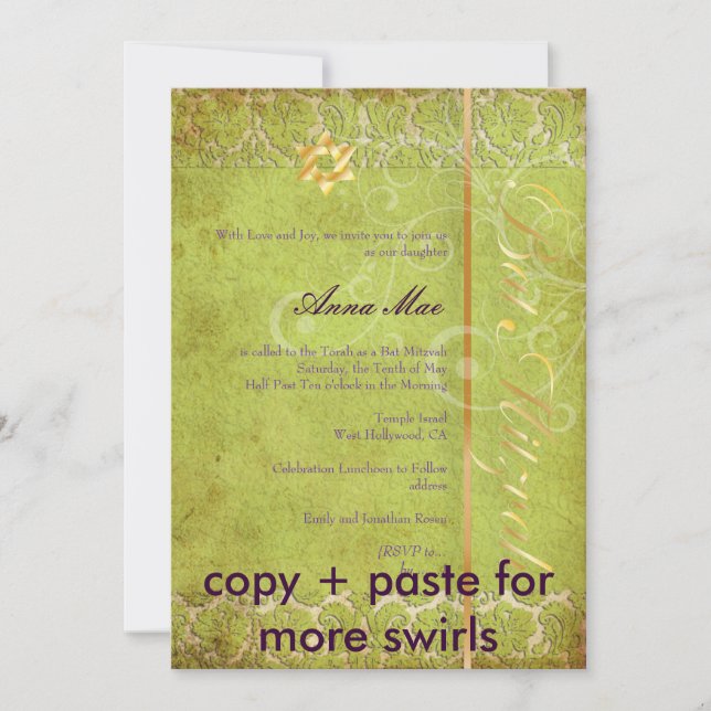 Grunge Damask Bat Mitzvah/green/gold Invitation (Front)