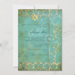 Grunge Damask Bat Mitzvah/teal/gold Invitation