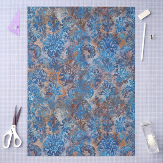 Grunge Damask Cobalt Blue Rust Orange Tissue Paper (Craft)