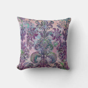 Grunge Damask Pink Purple Charteuse Turquoise Cushion