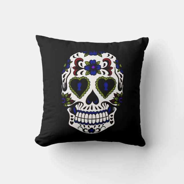 Grunge Day of the Dead Blue & Red Cushion (Front)