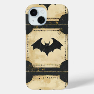 Grunge Denim Halloween Patchwork with Bats (2) iPhone 15 Case
