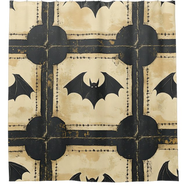 Grunge Denim Halloween Patchwork with Bats (2) Shower Curtain (Front)