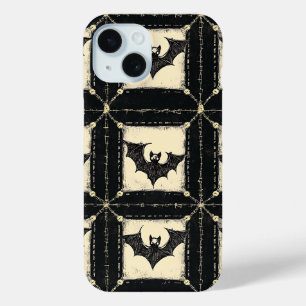 Grunge Denim Halloween Patchwork with Bats iPhone 15 Case