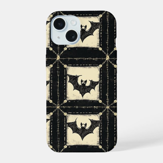Grunge Denim Halloween Patchwork with Bats iPhone 15 Case (Back)