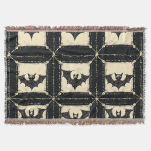 Grunge Denim Halloween Patchwork with Bats Throw Blanket