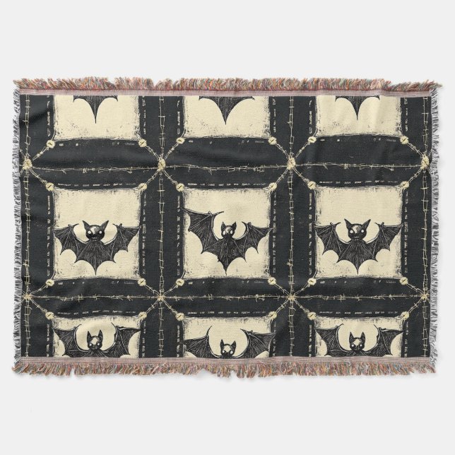 Grunge Denim Halloween Patchwork with Bats Throw Blanket (Front)