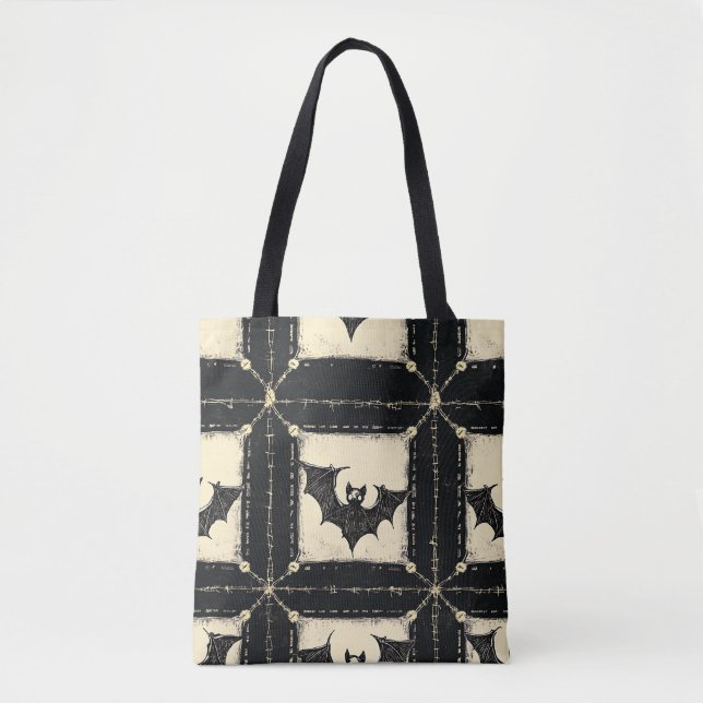 Grunge Denim Halloween Patchwork with Bats Tote Bag (Front)