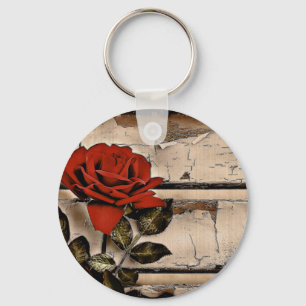 Grunge Distressed Barn Wood Rustic Red Rose Key Ring