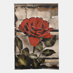 Grunge Distressed Barn Wood Rustic Red Rose Tea Towel