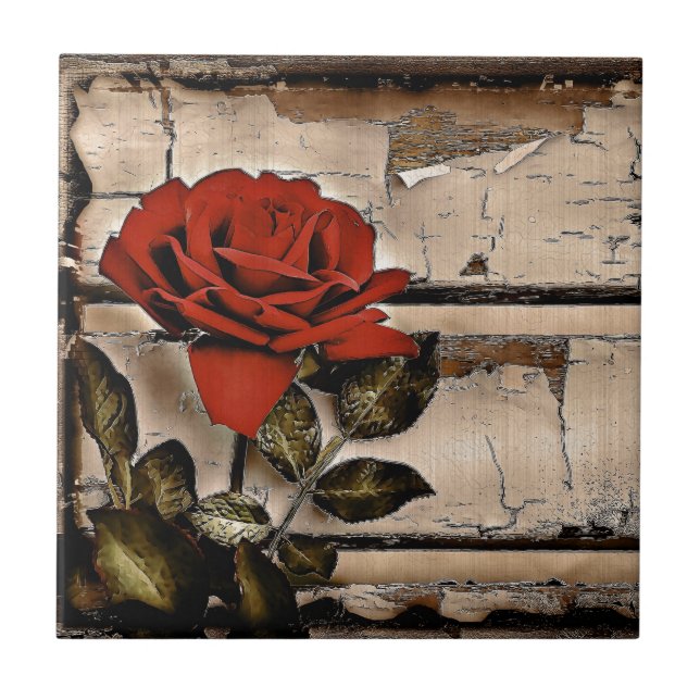 Grunge Distressed Barn Wood Rustic Red Rose Tile (Front)