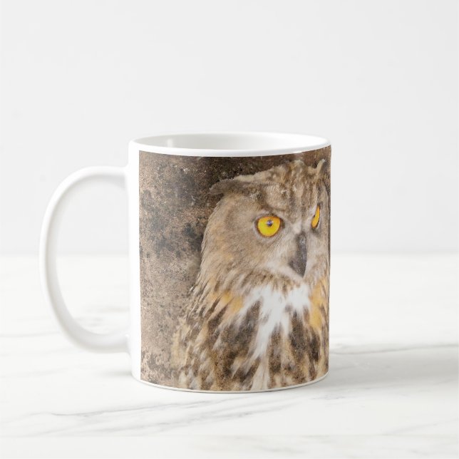 Grunge Eagle Owl Golden Eyes Coffee Mug (Left)