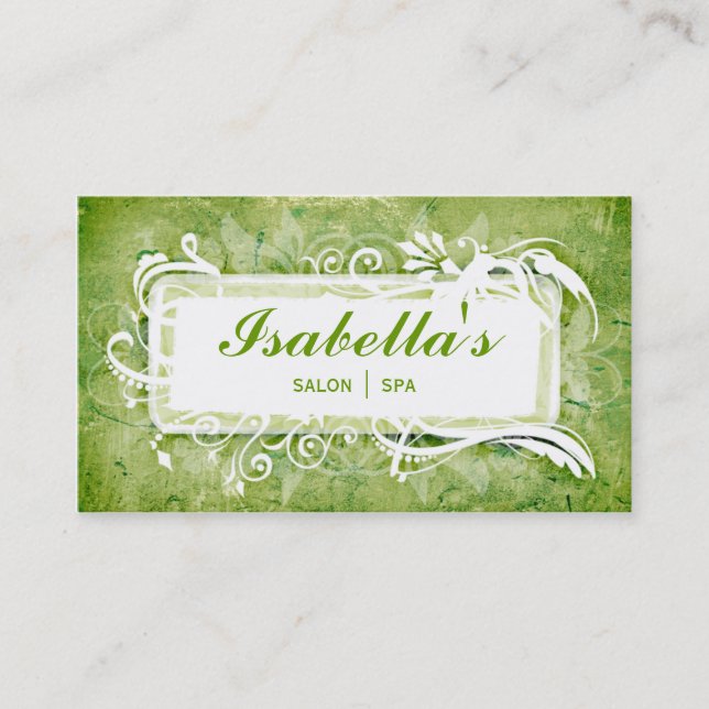 Grunge Floral Business Card Green Spa Salon (Front)