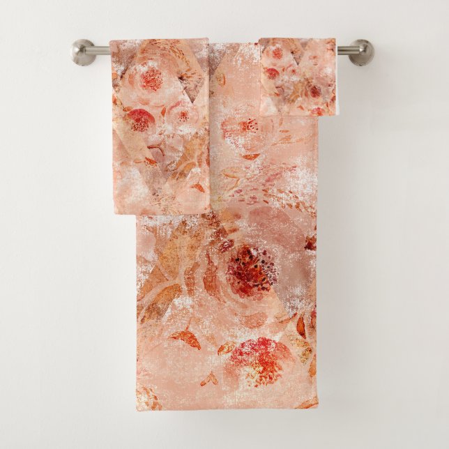 Grunge floral pattern. Coral background.  Bath Towel Set (Insitu)