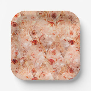 Grunge floral pattern. Coral background. Paper Plate