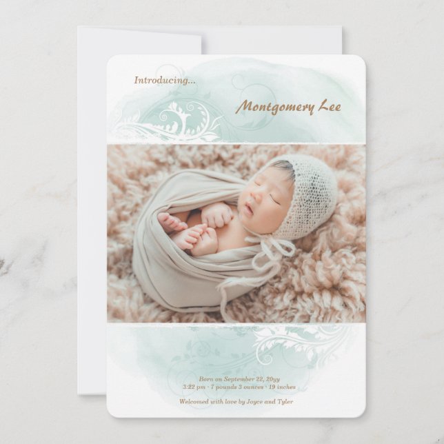 Grunge Floral Photo Birth Announcement (Front)