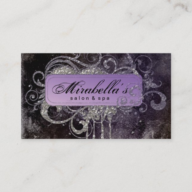 Grunge Glitter Salon Spa Black Purple Silver Business Card (Front)