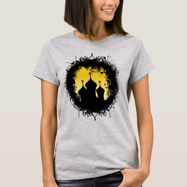 Grunge-Goth Gold and Black Ramadan Mosque T-Shirt (Front)