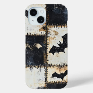Grunge Gothic Bats & Skulls Denim Pattern iPhone 15 Case