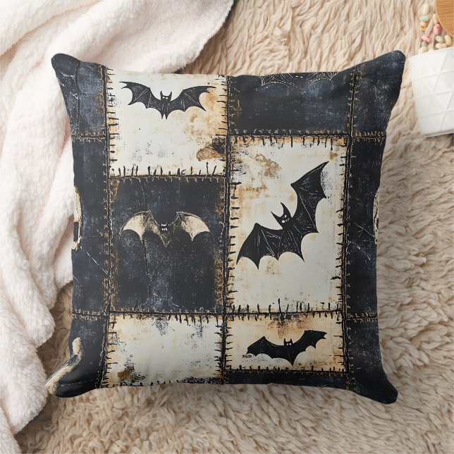 Grunge Gothic Bats & Skulls Denim Pattern Cushion (Blanket)