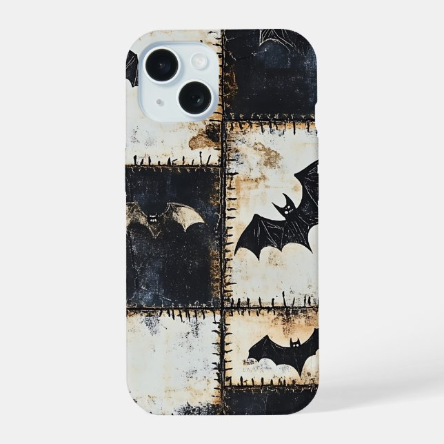 Grunge Gothic Bats & Skulls Denim Pattern iPhone 15 Case (Back)