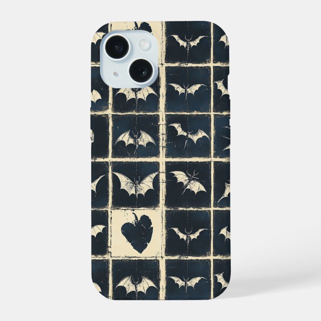 Grunge Gothic Bats & Skulls Denim Pattern iPhone 15 Case (Back)