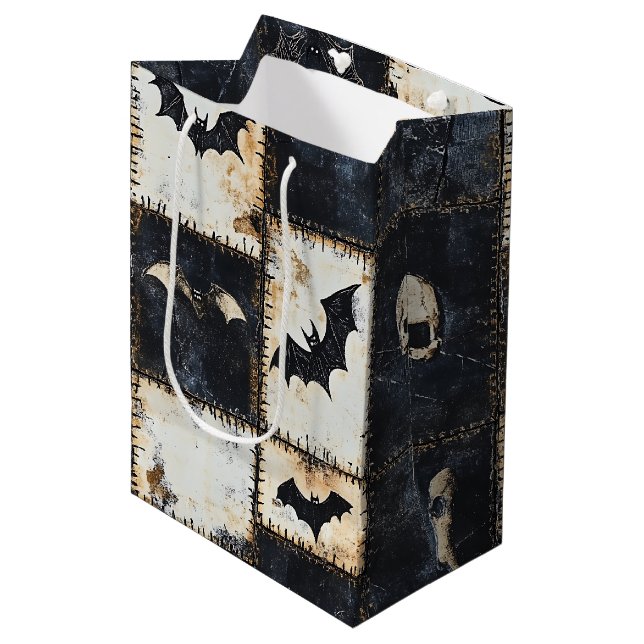 Grunge Gothic Bats & Skulls Denim Pattern Medium Gift Bag (Front Angled)