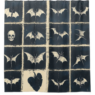 Grunge Gothic Bats & Skulls Denim Pattern Shower Curtain