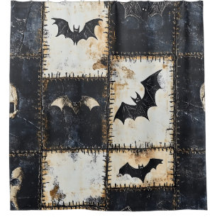 Grunge Gothic Bats & Skulls Denim Pattern Shower Curtain