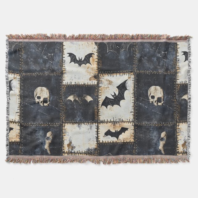Grunge Gothic Bats & Skulls Denim Pattern Throw Blanket (Front)