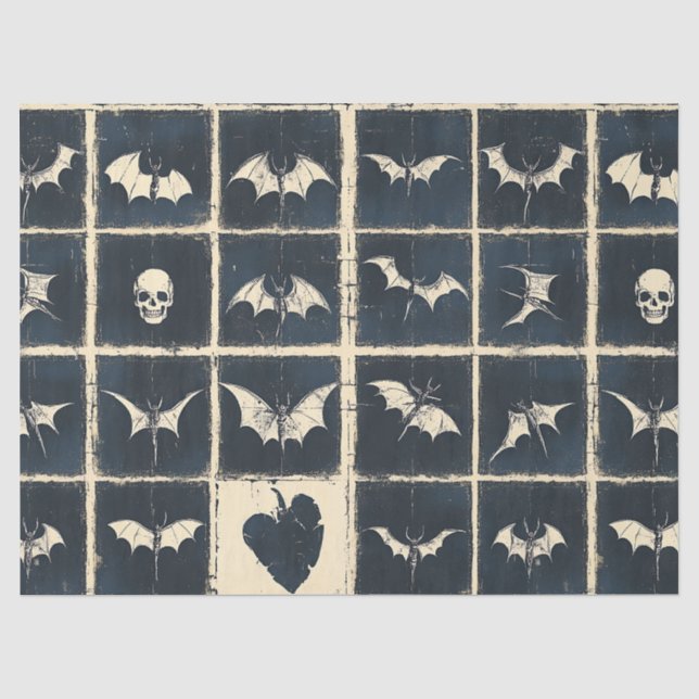 Grunge Gothic Bats & Skulls Denim Pattern Tissue Paper (Front)