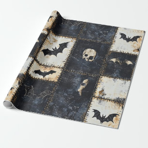 Grunge Gothic Bats & Skulls Denim Pattern Wrapping Paper