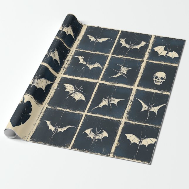 Grunge Gothic Bats & Skulls Denim Pattern Wrapping Paper (Unrolled)