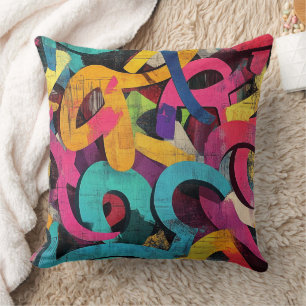 Grunge Graffiti Abstract in Pink Yellow Blue Cushion