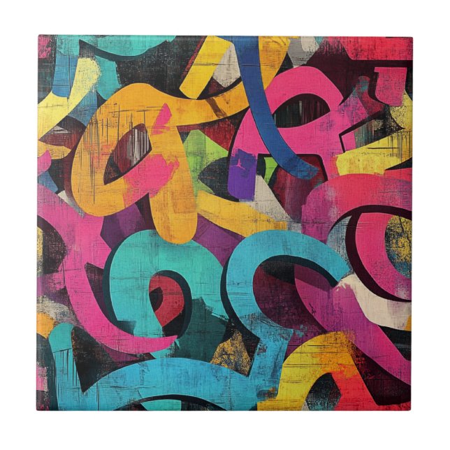 Grunge Graffiti Abstract in Pink Yellow Blue Tile (Front)