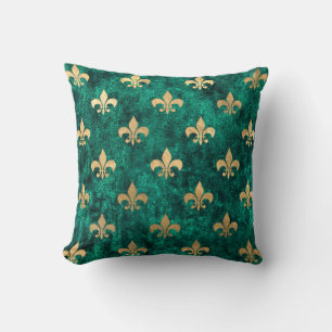 Grunge Green Velvet Fleur De Lis Mardi Gras Cushion