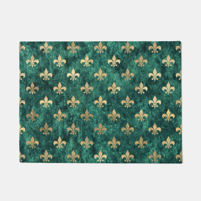 Grunge Green Velvet Fleur De Lis Mardi Gras Doormat (Front)