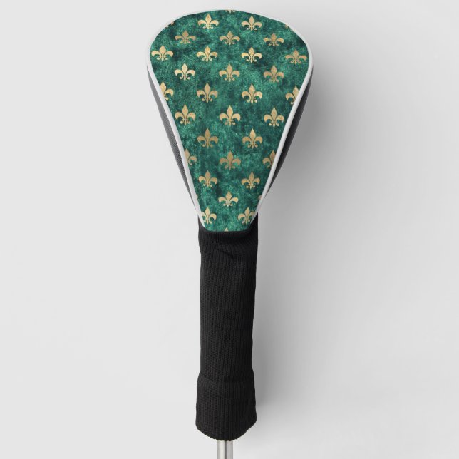 Grunge Green Velvet Fleur De Lis Mardi Gras Golf Head Cover (Front)