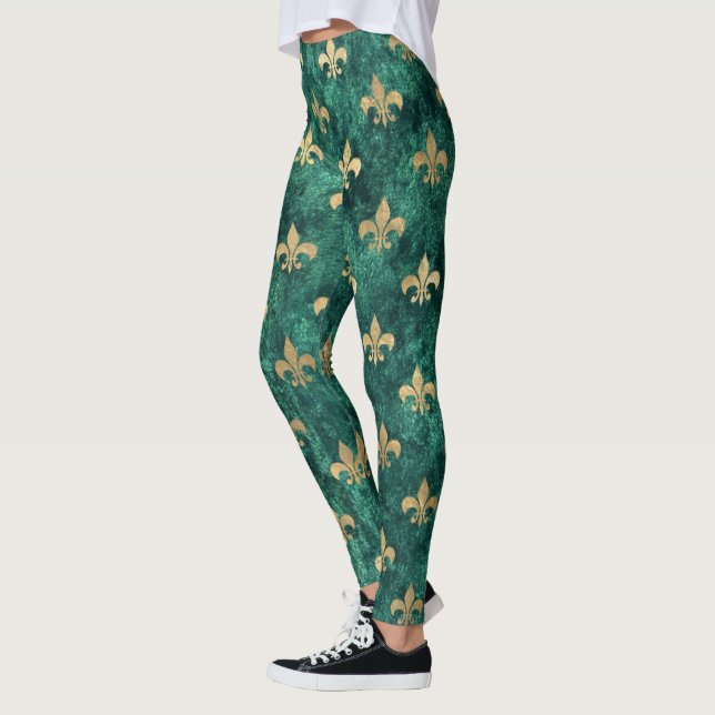 Grunge Green Velvet Fleur De Lis Mardi Gras Leggings (Left)