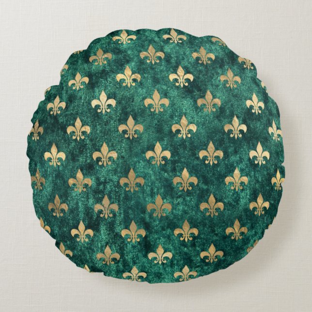Grunge Green Velvet Fleur De Lis Mardi Gras Round Cushion (Front)
