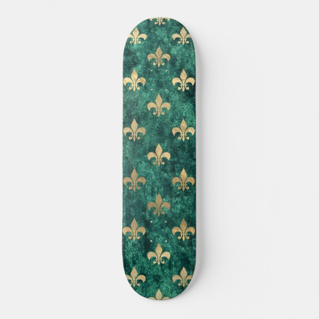Grunge Green Velvet Fleur De Lis Mardi Gras Skateboard (Front)