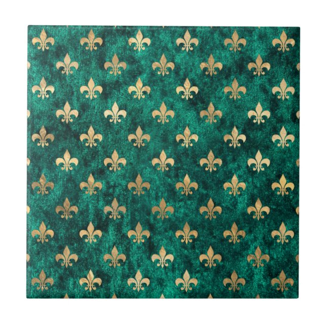 Grunge Green Velvet Fleur De Lis Mardi Gras Tile (Front)
