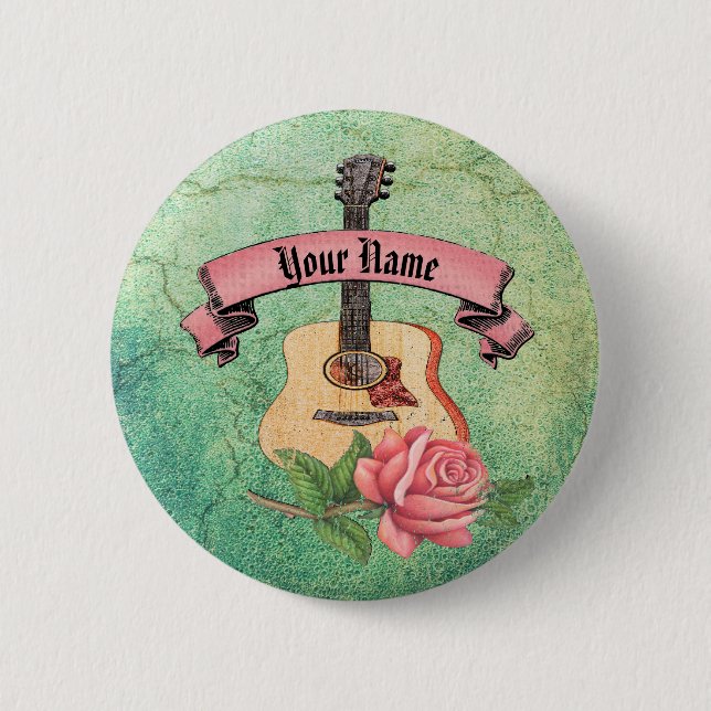 Grunge guitar and roses 6 cm round badge (Front)
