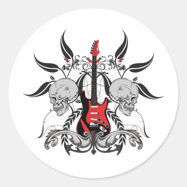 Grunge Guitar and Skull Classic Round Sticker (Front)