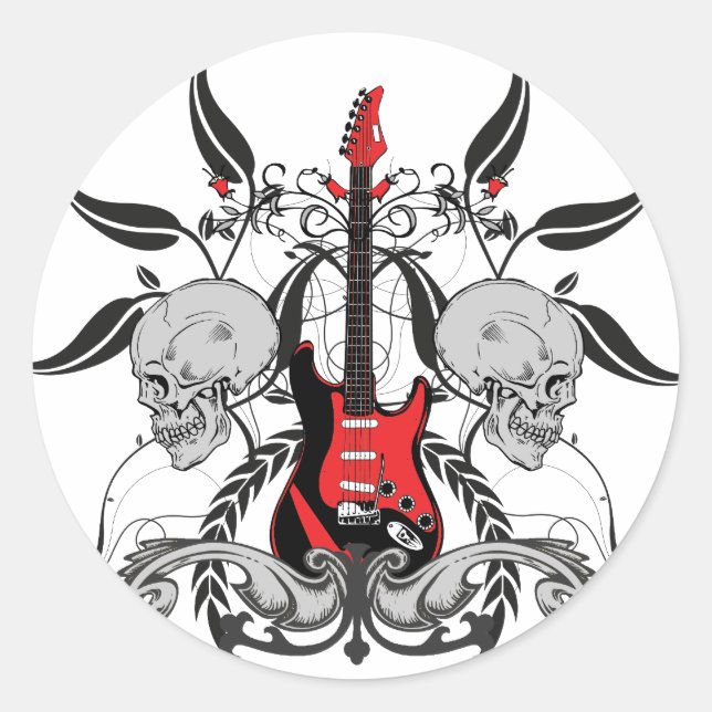 Grunge Guitar and Skull Classic Round Sticker (Front)