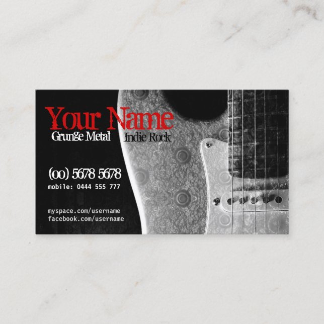 Grunge Guitar Grey/Black & Red Business Card (Front)