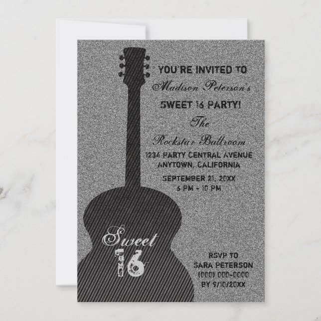 Grunge Guitar Stripes Sweet Sixteen Invite, Black Invitation (Front)