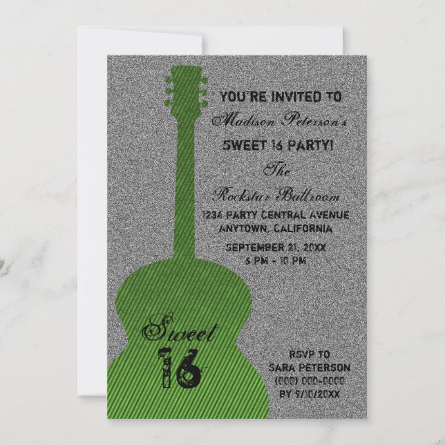 Grunge Guitar Stripes Sweet Sixteen Invite, Green Invitation (Front)