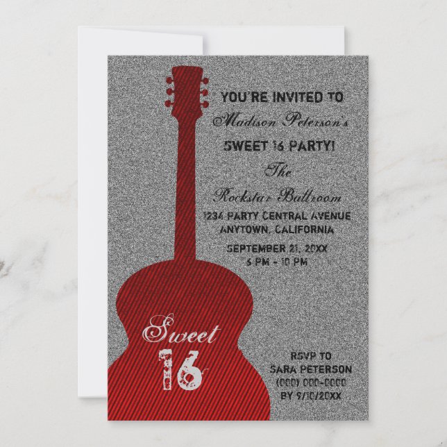 Grunge Guitar Stripes Sweet Sixteen Invite, Red Invitation (Front)